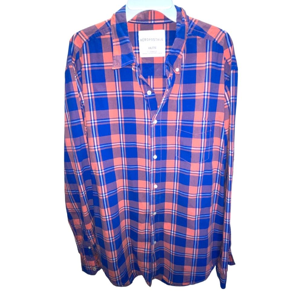 Aeropostale Orange & Blue Plaid Dress Shirt Size XXL
